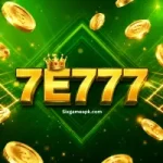 7E777 Game logo featuring golden text, a crown icon, floating gold coins, and a glowing green background.